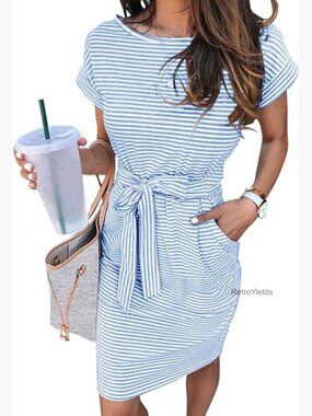 Striped Tie Waist Knee Length Dress with Pockets Casual Summer Work Vacation